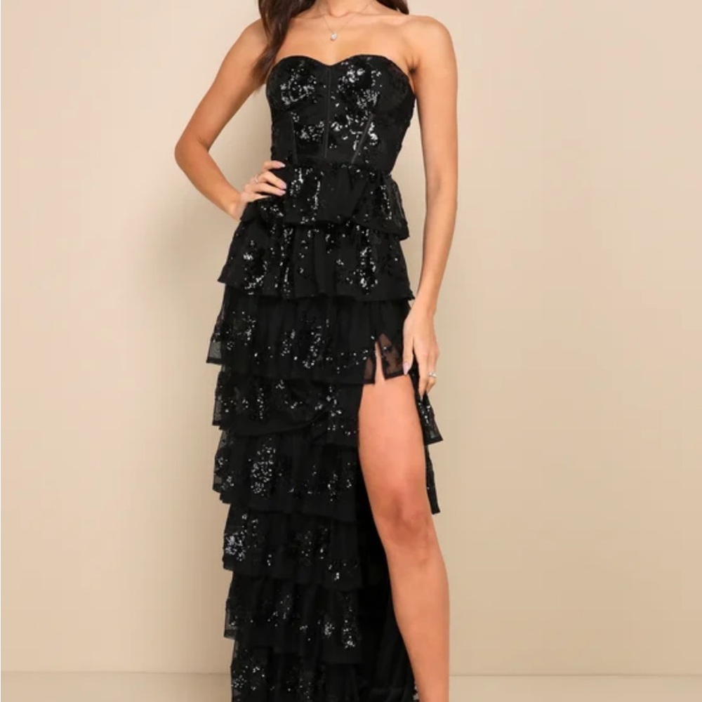 Strapless Black Sequin Tiered Ruffle Evening Gown